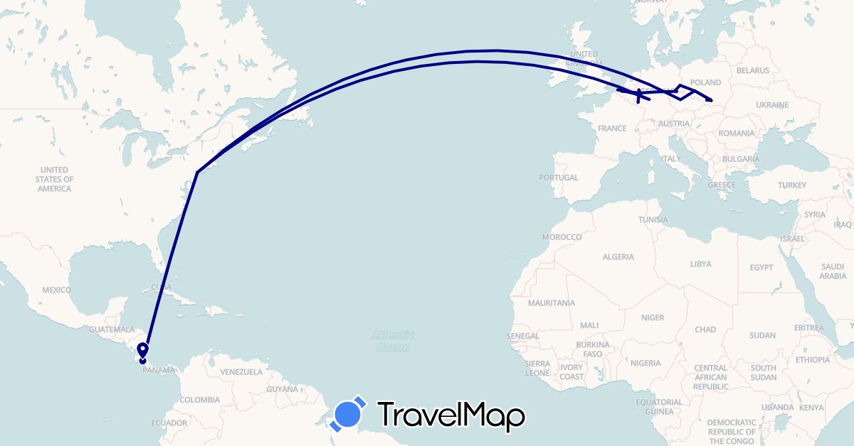 TravelMap itinerary: driving in Belgium, Costa Rica, Czech Republic, Germany, Poland, United States (Europe, North America)