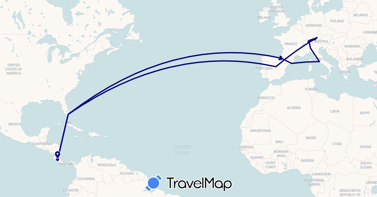 TravelMap itinerary: driving in Switzerland, Costa Rica, Germany, Spain, Italy, United States (Europe, North America)
