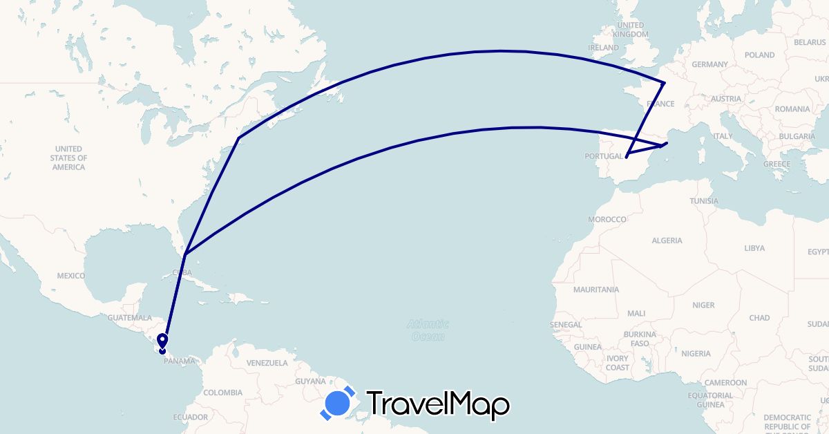 TravelMap itinerary: driving in Costa Rica, Spain, France, United States (Europe, North America)
