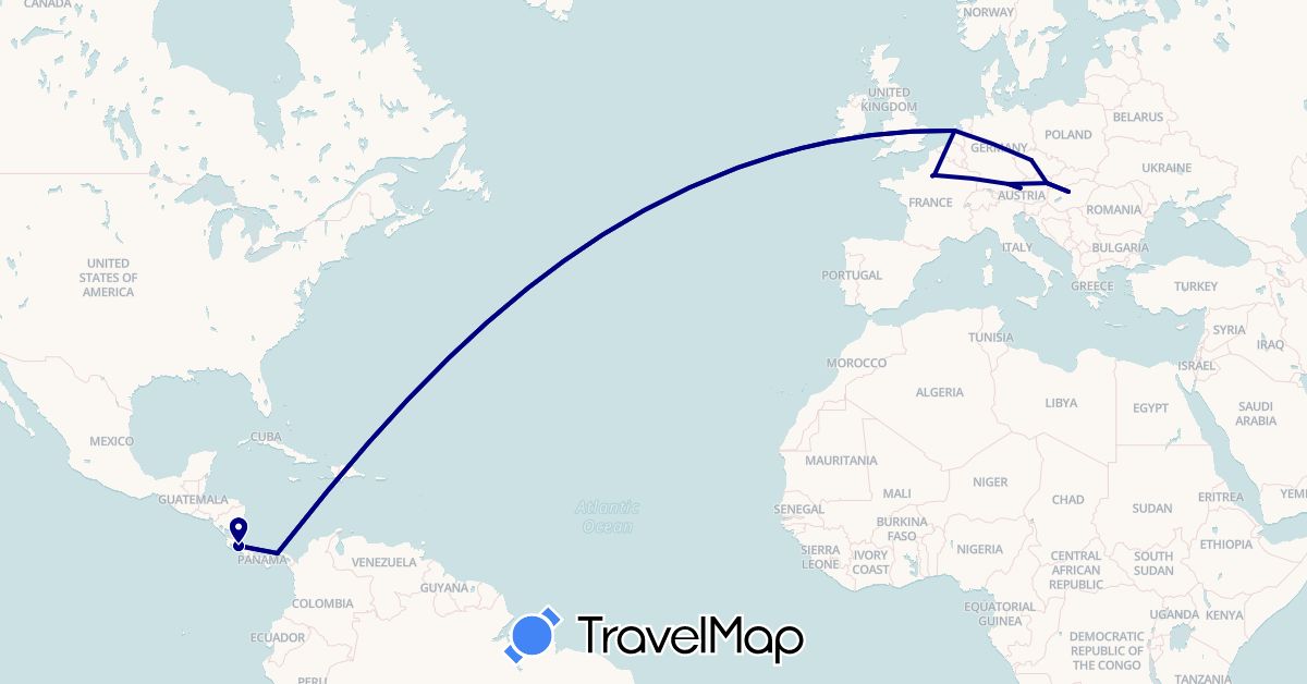 TravelMap itinerary: driving in Austria, Costa Rica, Czech Republic, Germany, France, Hungary, Netherlands, Panama (Europe, North America)