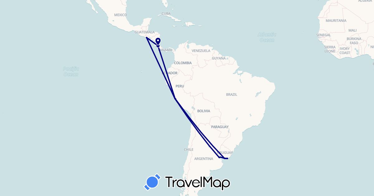 TravelMap itinerary: driving in Argentina, Costa Rica, Peru, El Salvador, Uruguay (North America, South America)