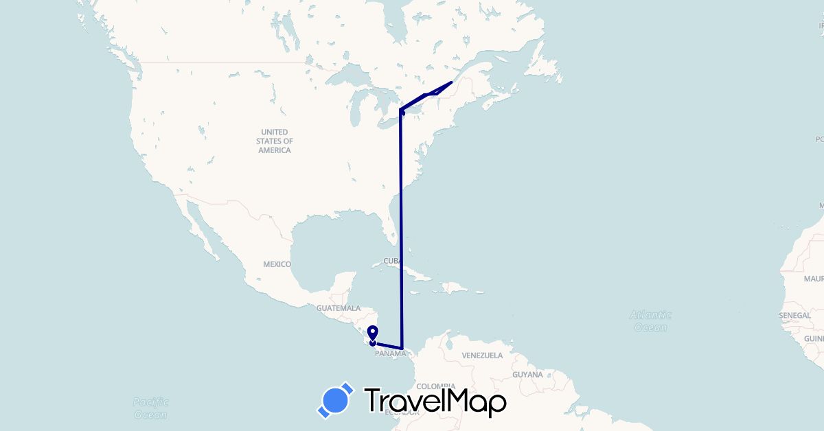 TravelMap itinerary: driving in Canada, Costa Rica, Panama (North America)